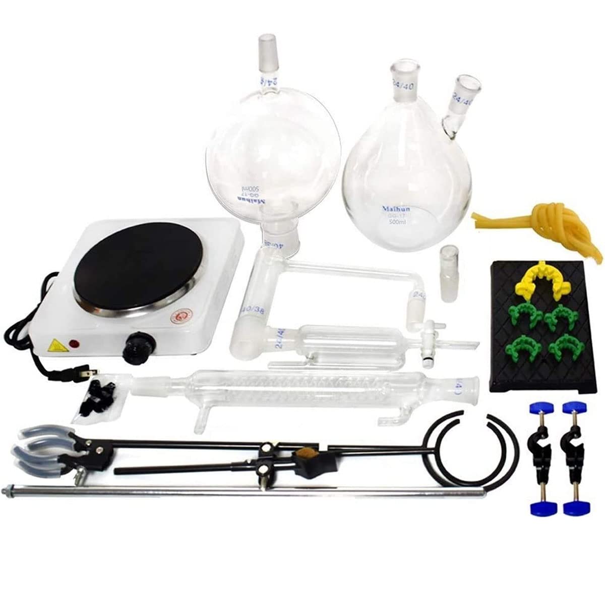 Apparecchio distillamento distillamento, apparecchi per l'estrazione di oli essenziali da 2000ml, vetro Distillazione a vapore Lab Kit bicchieri da laboratorio con stufa a caldo condensatore Graham