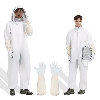 Professional Sting-Proof Full Body Beekeeping Suit, Polycotton Bee Suit with Gloves & Ventilated Hood, Unisex Beekeeper Gear for Apiary Backyard Halloween, Size S 411"-53"