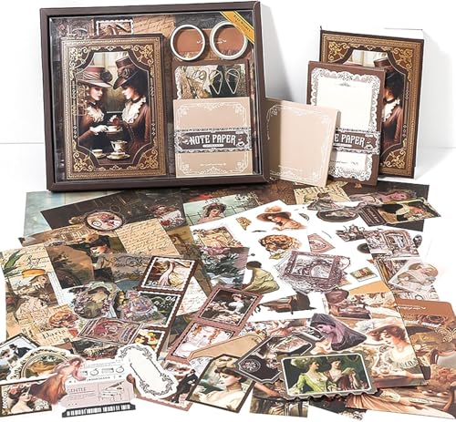 Image of VIBE VISTA Vintage Aesthetic Scrapbook Kit,346 Pcs,A6 Grid Notebook,Washi ,Envelopes, Scrapbook Papers, Folding Labels, Background Papers, Photo Frames, Calendar Stickers, Stickers (Vitorian Brown)