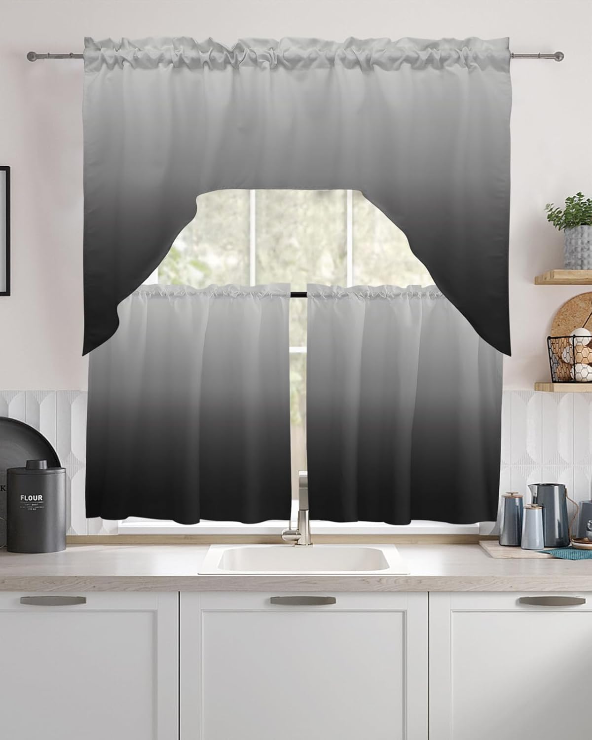 Black Ombre Rod Pocket Valance Curtain Set, Kitchen Dark Curtains Polyester Light Filtering Ombre Grey Window Drapes for Bathroom, Bedroom Small Windows 56x36 Inch+27.5x24*2 Inch