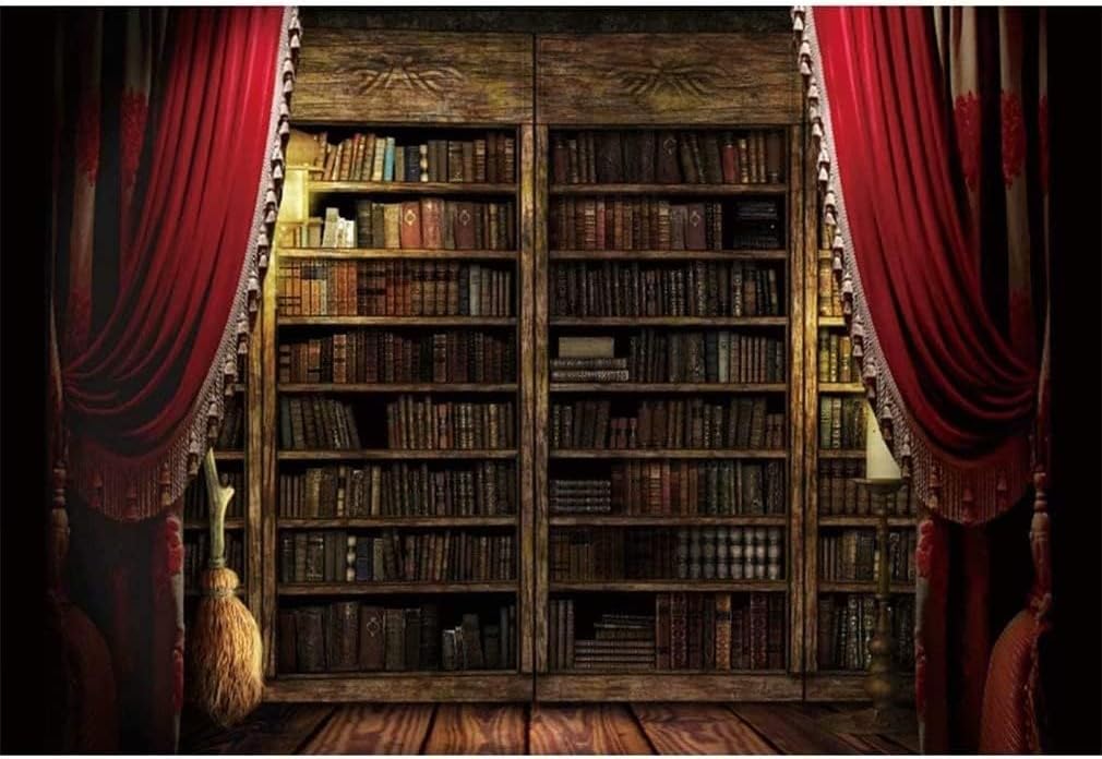 Leowefowa Vintage Bookshelf Backdrops 10x8ft Ancient Library with Red Curtain Background Vintage Wizard Magic Bookshelf Backdrop for Halloween Party Children Adults Portrait Photoshoot Studio Props