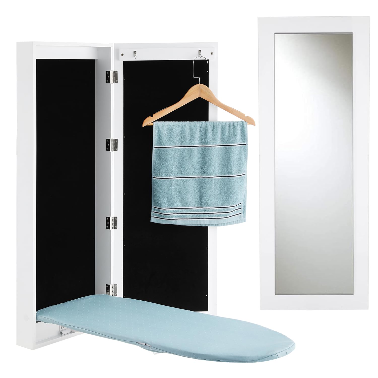 Plohee Wall Mounted Ironing Board Cabinet with Mirror, Foldable Ironing Storage Station for Home, Apartment & Small Spaces