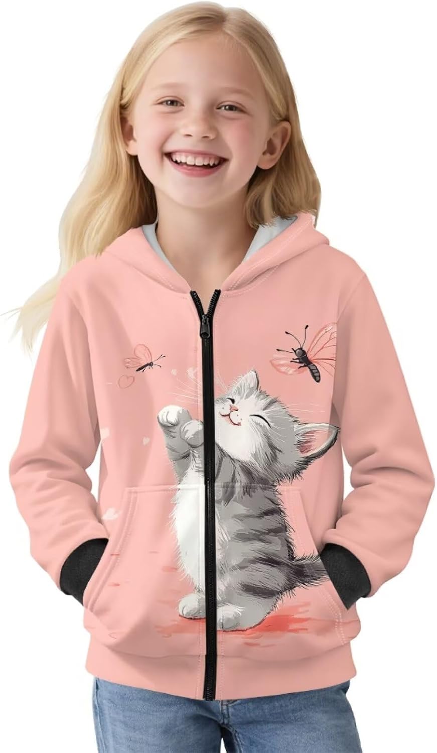 Little Girls Zip Up Hoodies Size 6-16 Long Sleeve Coat Fleece Hooded Jackets Sweatshirts