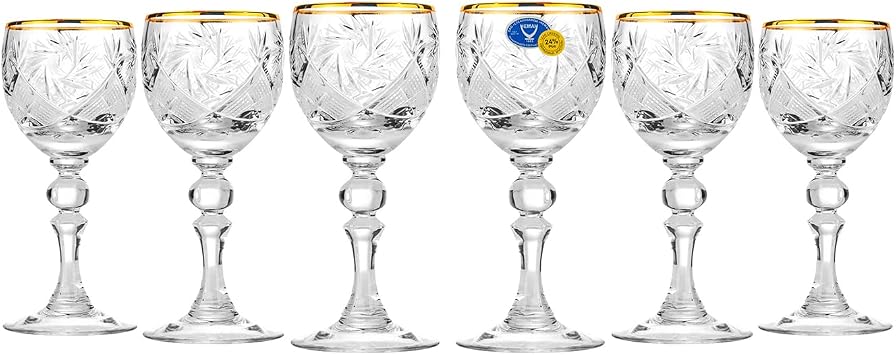 World Gifts Elegant and Modern Russian Cut Crystal Glasses Set for Hosting Parties and Events - 2.25oz, Sherry Gold Rim Glass, 65ml, Set of 6