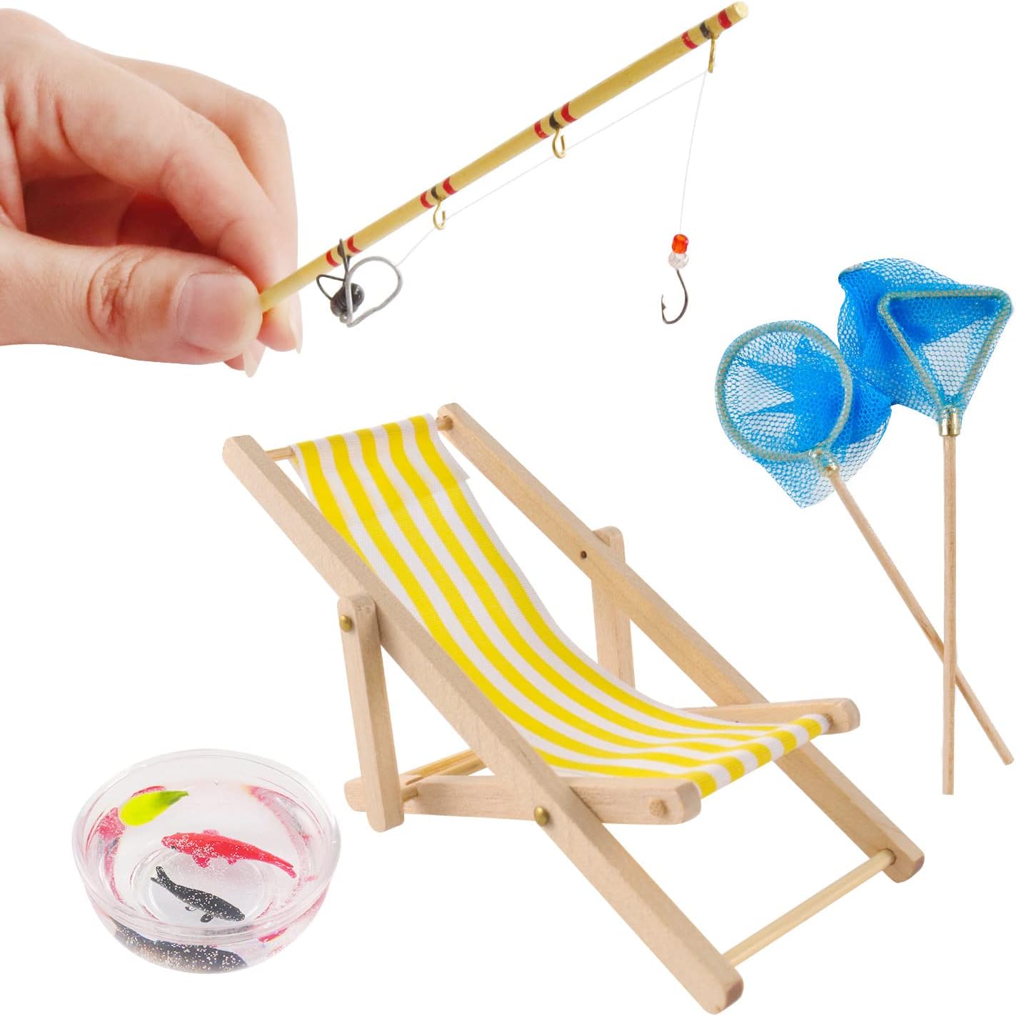 5 Pieces Miniature Fishing Rod Life Scene Christmas Elf Fishing Accessories Fishing Cake Decoration Fish Cake Topper Fish Bowl Gone Fishing Net Miniature Fishing Accessories