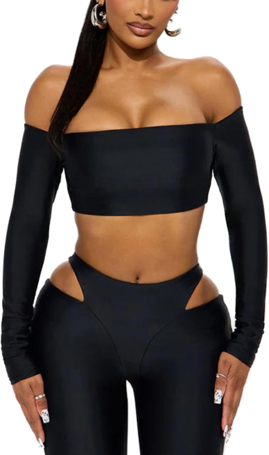 REASERAL Women's 2 Piece Sets Long Sleeve Off Shoulder Gym Crop Top Hollow Out Yoga Pants for Women Y2k Workout Outfits