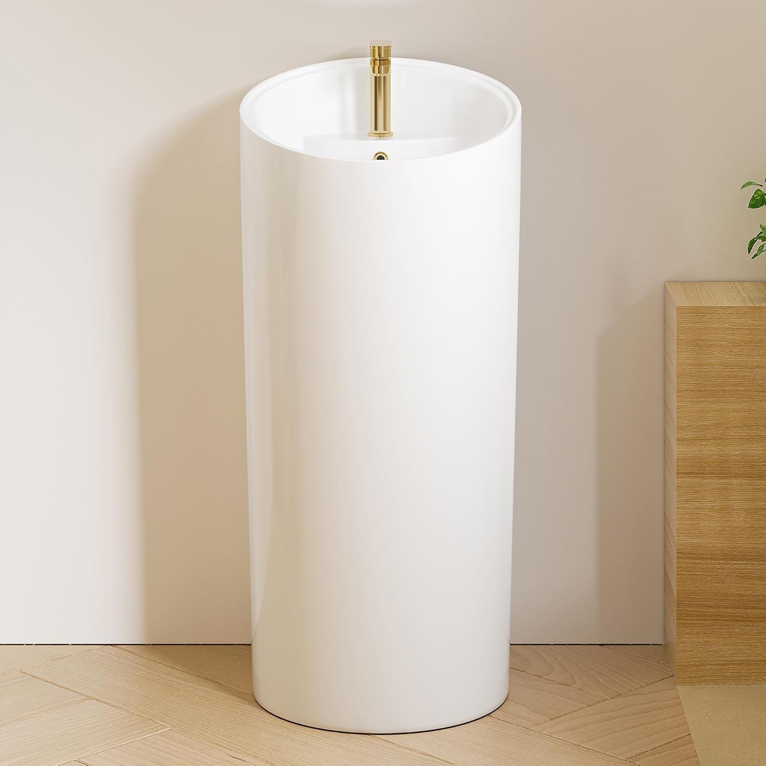 Eridanus Freestanding Pedestal Sink with Overflow, One Piece Modern Ceramic Pedestal Sinks, 18" L x 18" W x 38.25" H - Glossy White