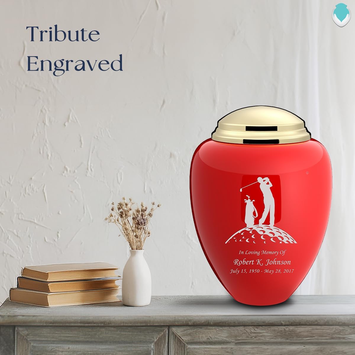 Geturns Tribute Adult Personalized Golf Cremation Urns for Human Ashes I Large Red & Shiny Brass Funeral Urn for Men and Women I 220 lbs