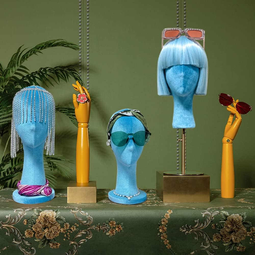 Female Blue Head Mannequin, Velvet Wig Head Stand Dress Form, Head Model Can Wear Earring Head for Hat Wig Jewelry Clothing Fabric Head Model Rose Red 35cm