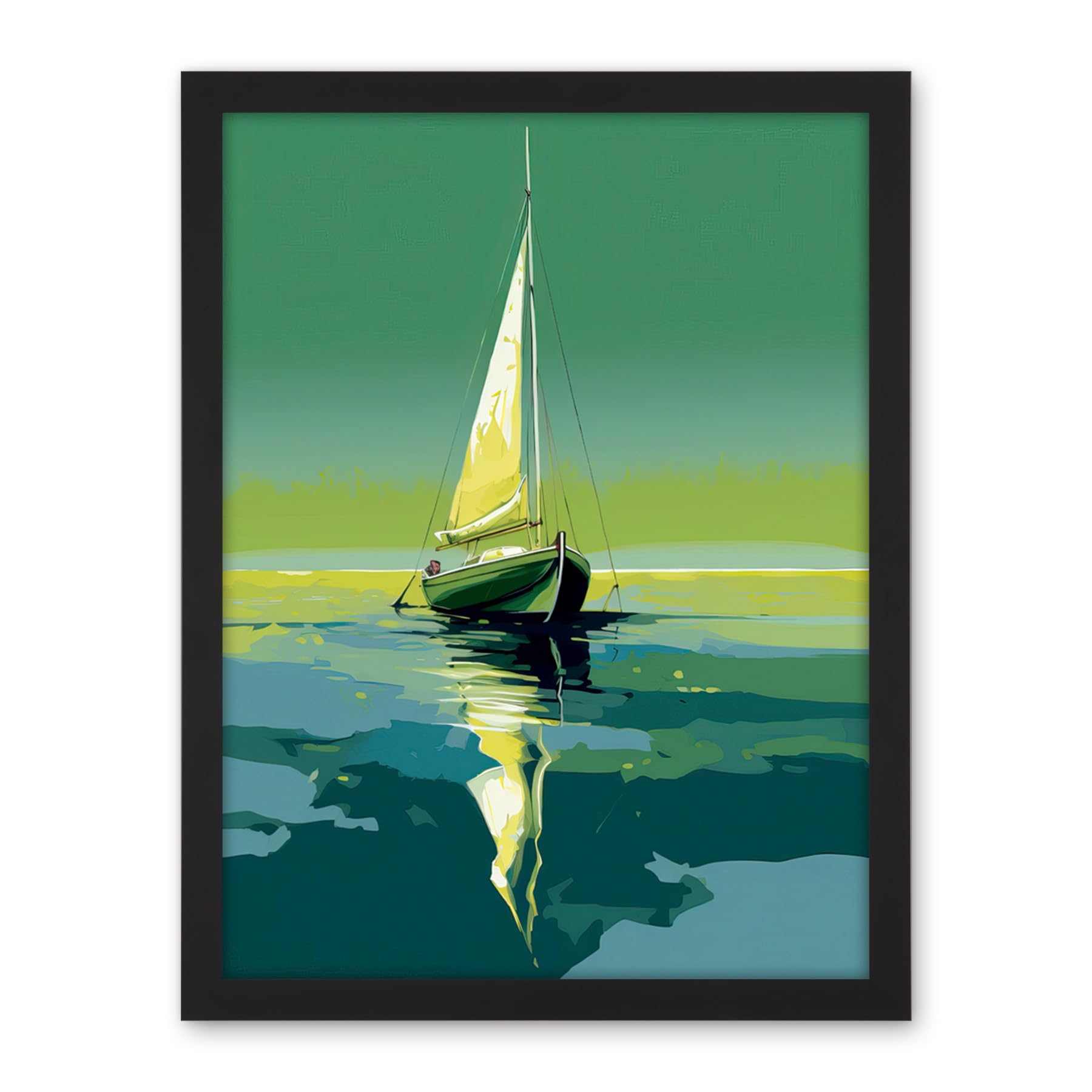 Artery8 A Sailboat on a Calm Sea Under a Cloudless Sky Artwork Framed Wall Art Print 18X24 Inch