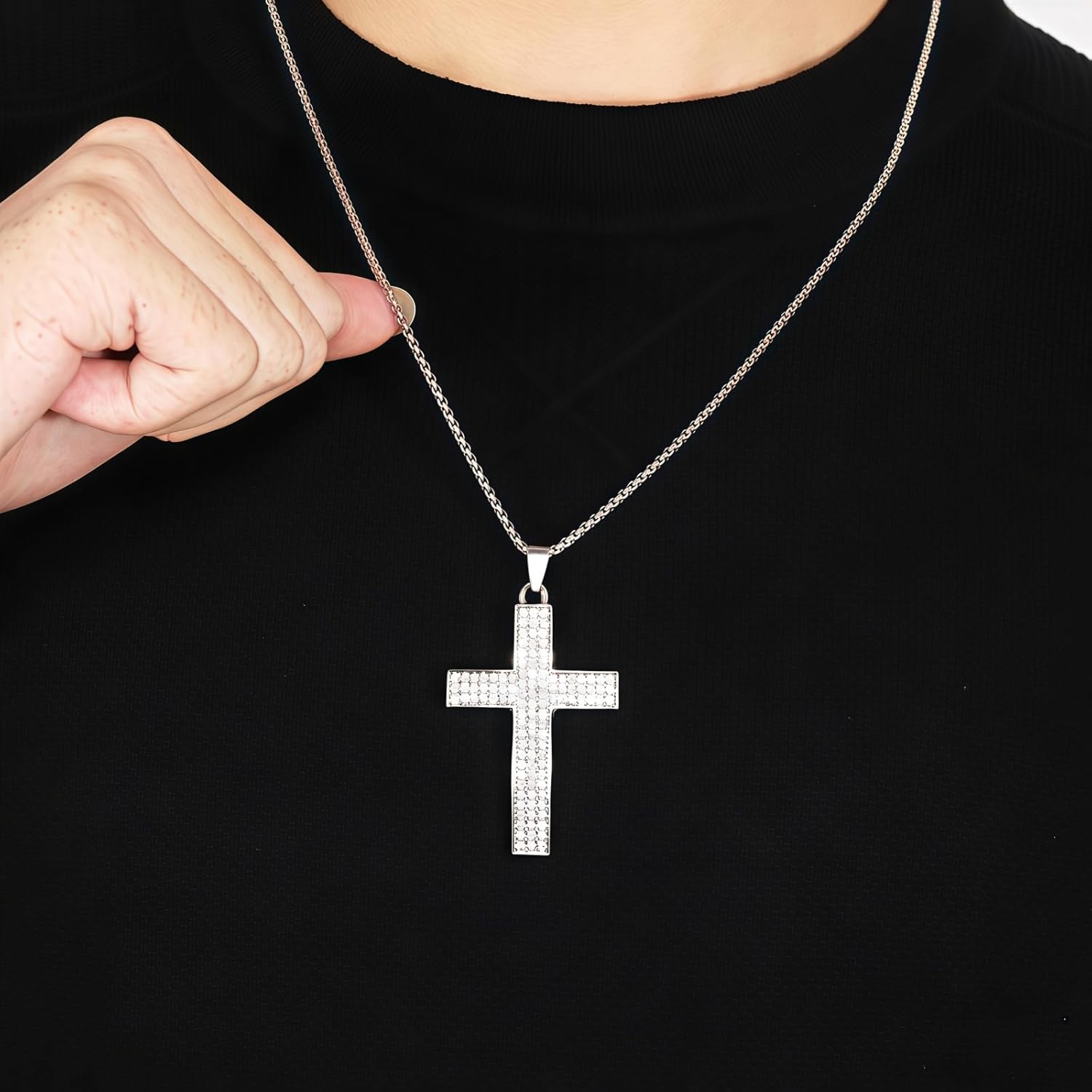 Cross Necklace for Men Women Silver Hip-Hop Statement Stainless Steel Rope Chian Cubic Zirconia Cross Pendant Necklace Christmas Party Jewelry Gifts - Image 2