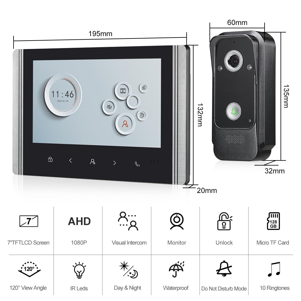 Sistema di videocitofono cablato con schermo a colori IPS da 7 pollici, videocitofono HD 1080P e telecamera da 2 megapixel con supporto per sblocco, citofono bidirezionale