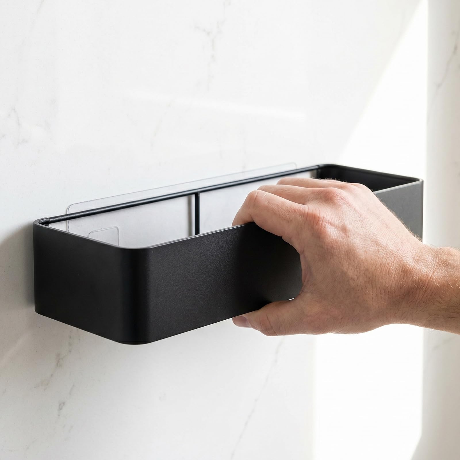 Estante de Ducha Negro de Acero al Carbono y Estructura Inferior Hueca Diseño de Estantes Flotantes sin Taladro para Baño y Dormitorio