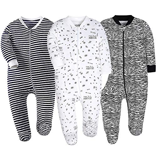 HONGLIN Baby Boys Footies Pajamas 9-12 Month Sleepers 3-Pack Romper, Black Leopard 3 Pack