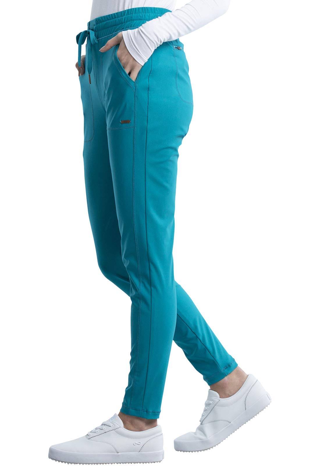 Cherokee Conjunto de uniforme médico para mujer, 7 bolsillos, cuello en V, dobladillo curvado CK840 y pantalón de pierna cónica de tiro medio CK095, azul caribeño, parte superior XXS y pantalón XS