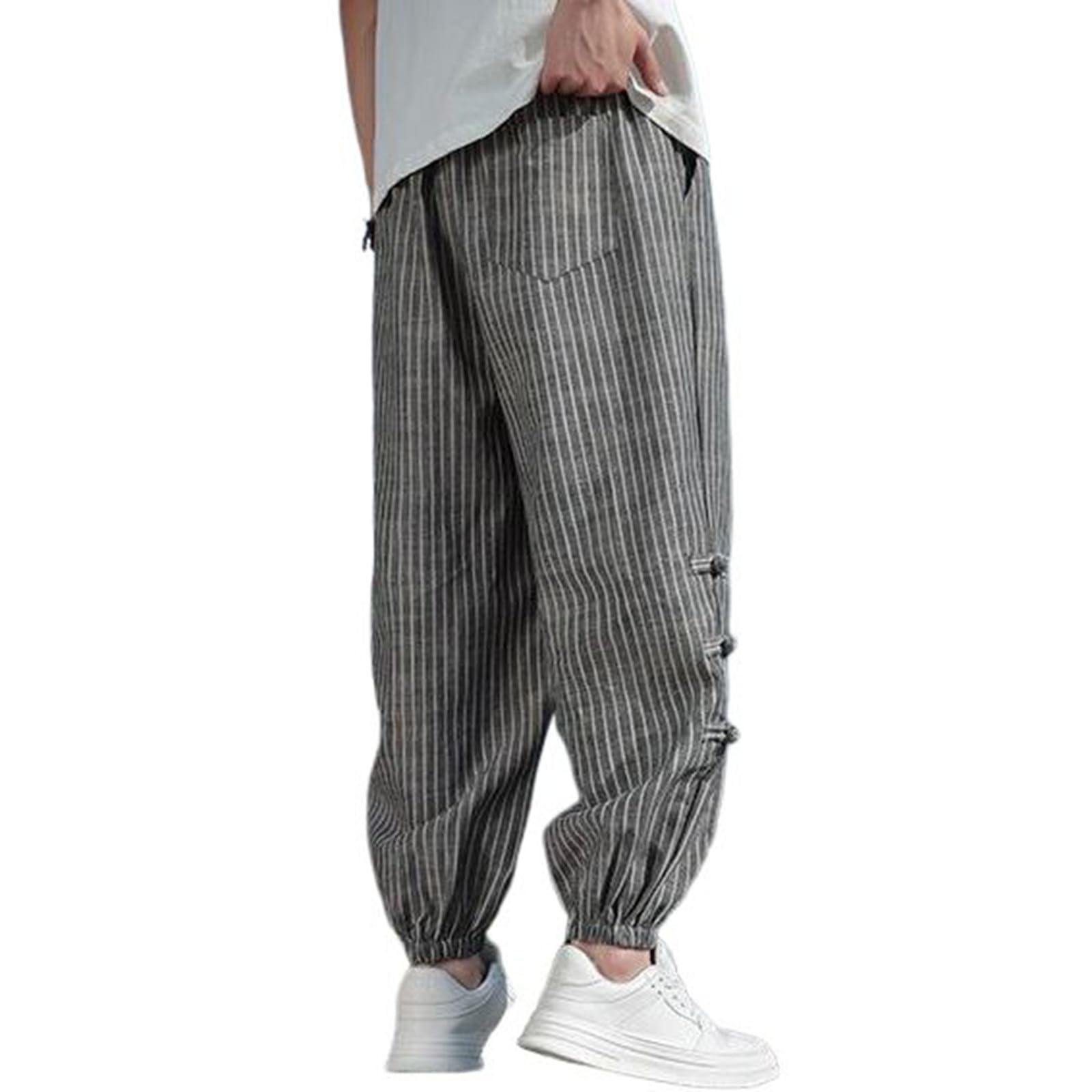 Generico Pantaloni Lino Uomo Pantalone Leggero Primavera Estate Largo A Righe Jogger in Lino Comodo E Traspirante Pantaloni Casual Uomo Estivi