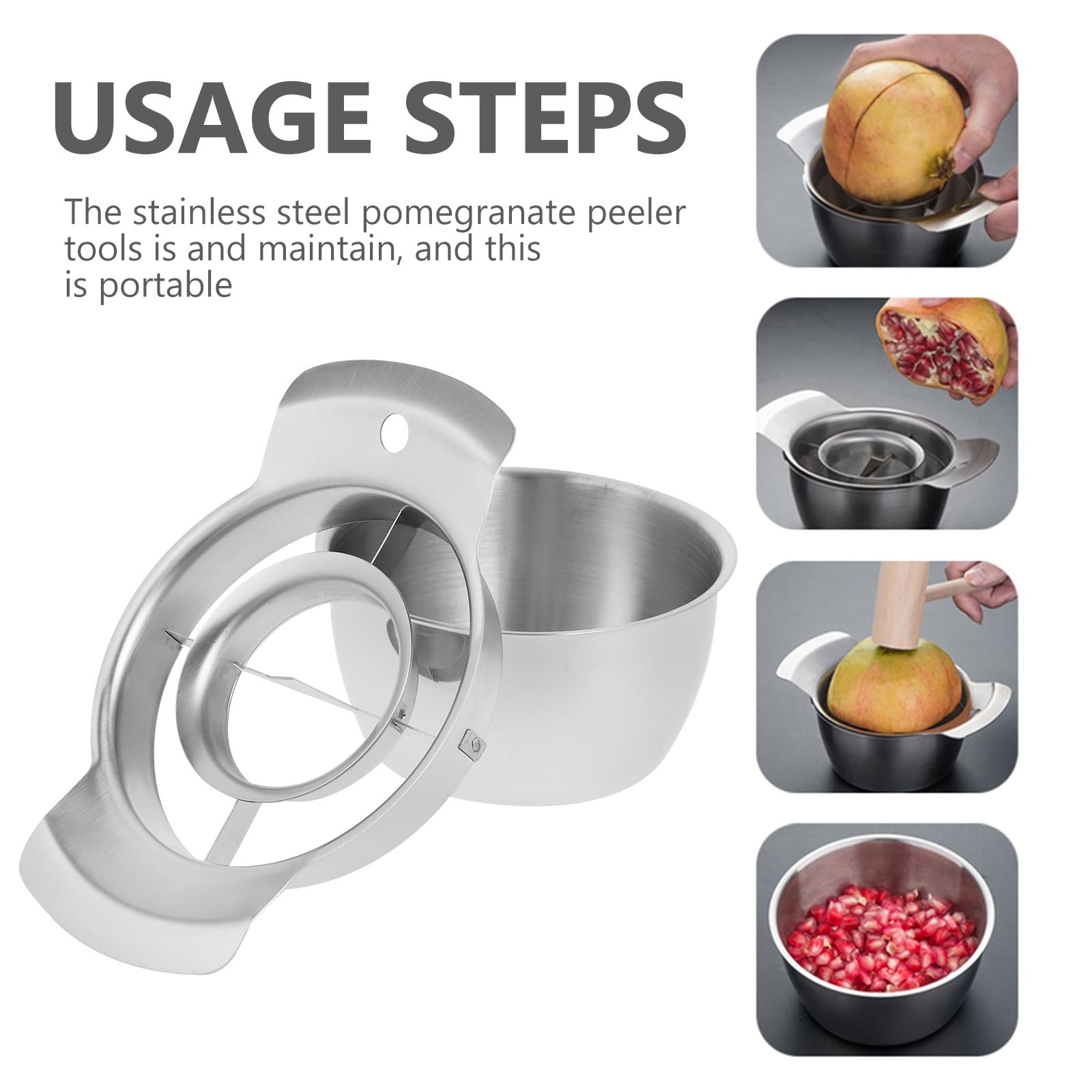 Abaodam Pelador de Frutas y Desgranadora de Granadas de Acero Inoxidable Cuenco y Martillo de Madera, Material Seguro y Grueso para Cocina Multifunción en Hogar