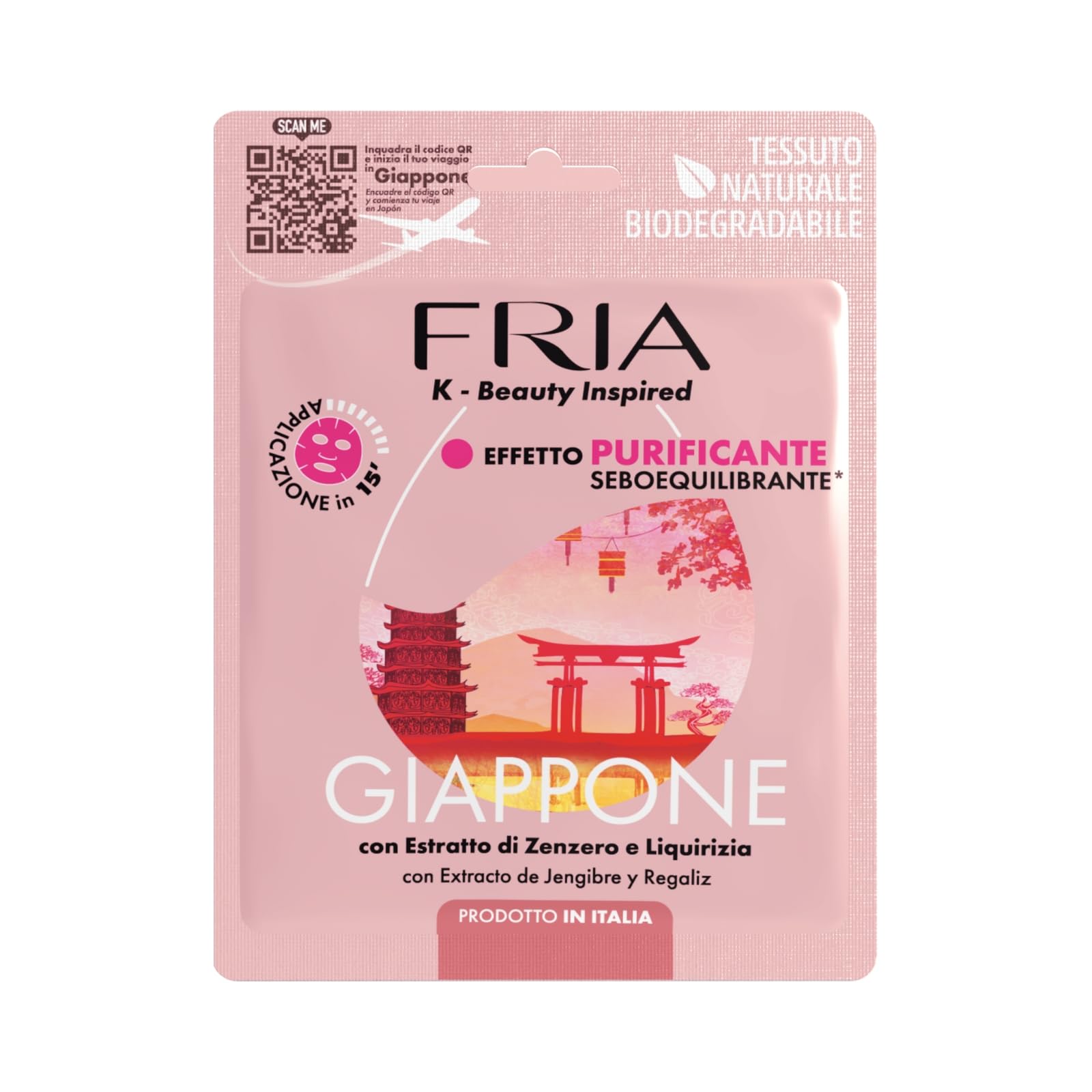 Fria K-​Beauty Maschera Viso Giappone con estratto di Zenzero, Cannella e Pimpinella, Effetto Purificante e Sebo Equilibrante sulla Pelle, Dermatologicamente Testata, Confezione da 1 Maschera