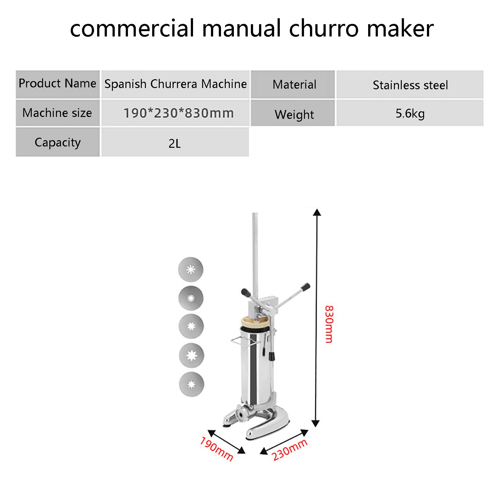 Churrera Manual Comercial, Churrera Española de Acero Inoxidable con 5 Moldes, Máquina para Hacer Rosquillas de Frutas Latinas, Embutidora Manual para Restaurantes y Panaderías.,2L