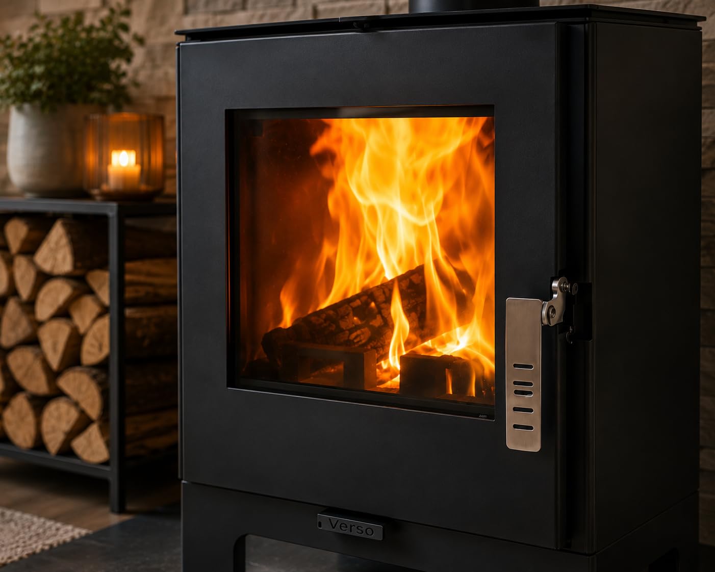 Verso - Stufa a legna da 2 l, 5 kW, 80,2% di alta efficienza, piastra superiore ultra compatta del corpo in acciaio (non ghisa), piccola stufa per 60-80 m³, Eco Low Emissions, 150 mm