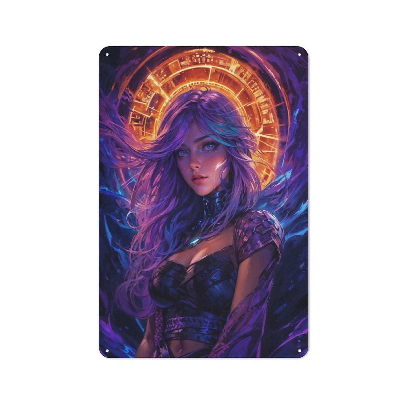 Purple-Haired Fantasy Warrior Metal Wall Decor Sign, Easy to Hang Plaque for Study, Gallery Wall Or Travel Inspired Room, 30x20cm