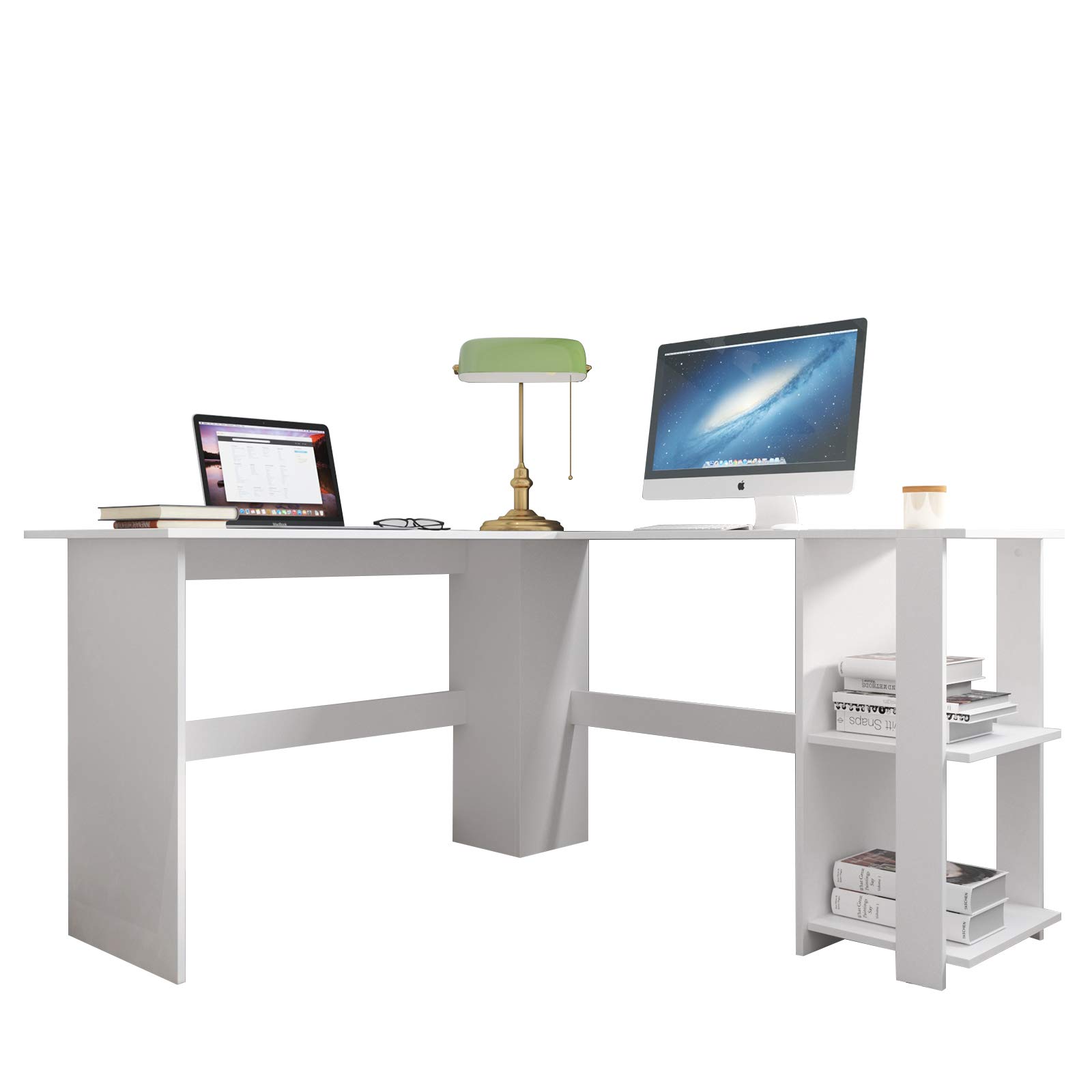 SogesPower Scrivania ad L, Scrivania per Ufficio, Scrivania per Computer e Postazione di Lavoro a Forma di L, Grande scrivania Angolare con due Ripiani per PC, Laptop, Studio, Gaming,Bianco