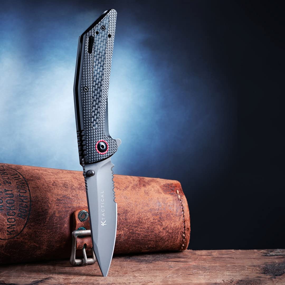 Generic EDC Carbon Fiber Bearing Folding Knife, Partial Serrated Tactical Knife, Pocket Blade Black Grey