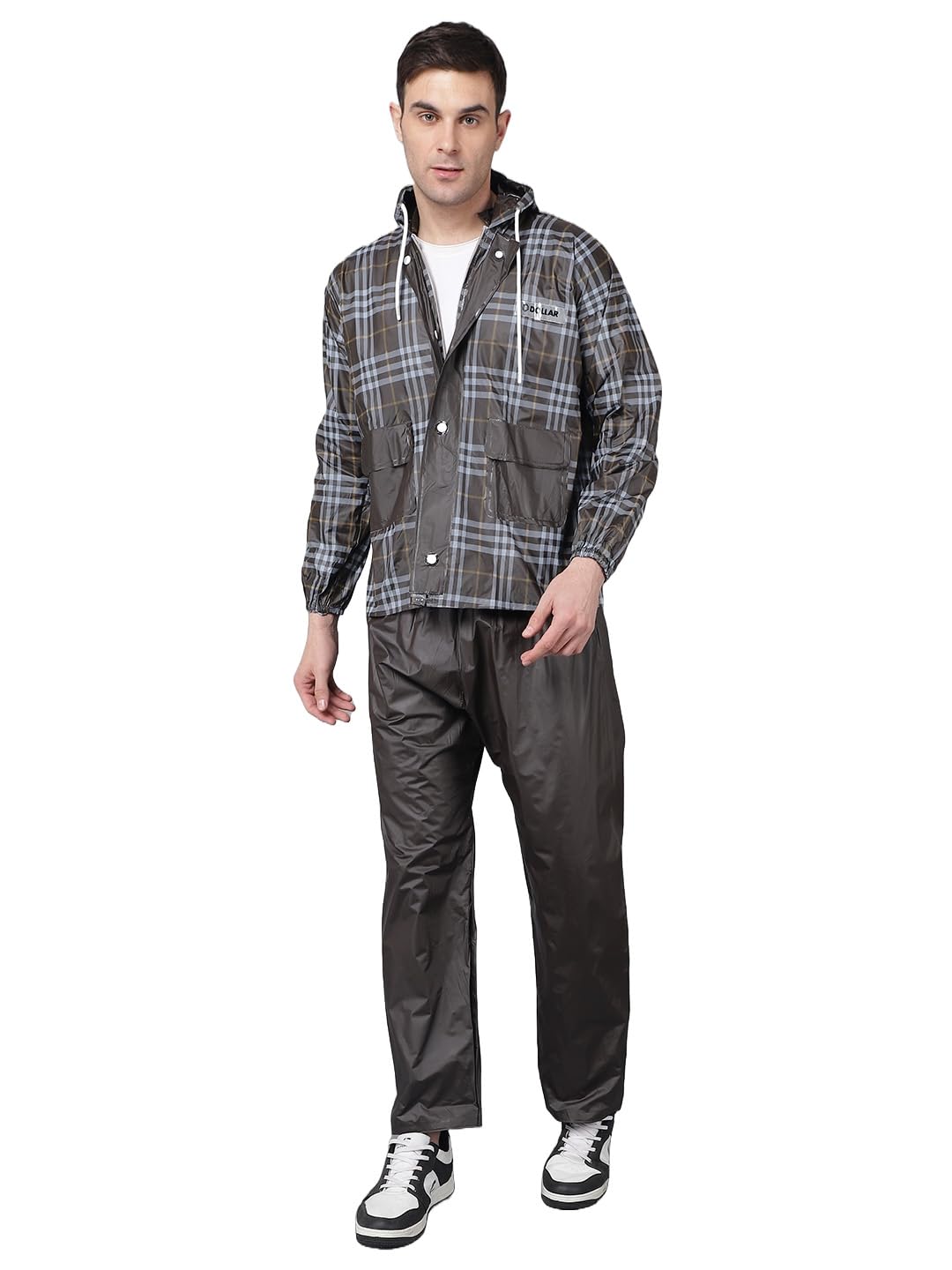 dollar Men's Checkered Waterproof PVC Raincoat Set | Zipper & Button Jacket with Pant | Adjustable Hood & Pocket | Full Sleeve Lightweight Rainwear Suit for Outdoor Leakproof Protection-picture-21