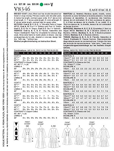 Vogue Patterns V8346 Misses' Coat, Size A (6-8-10) #TOP1