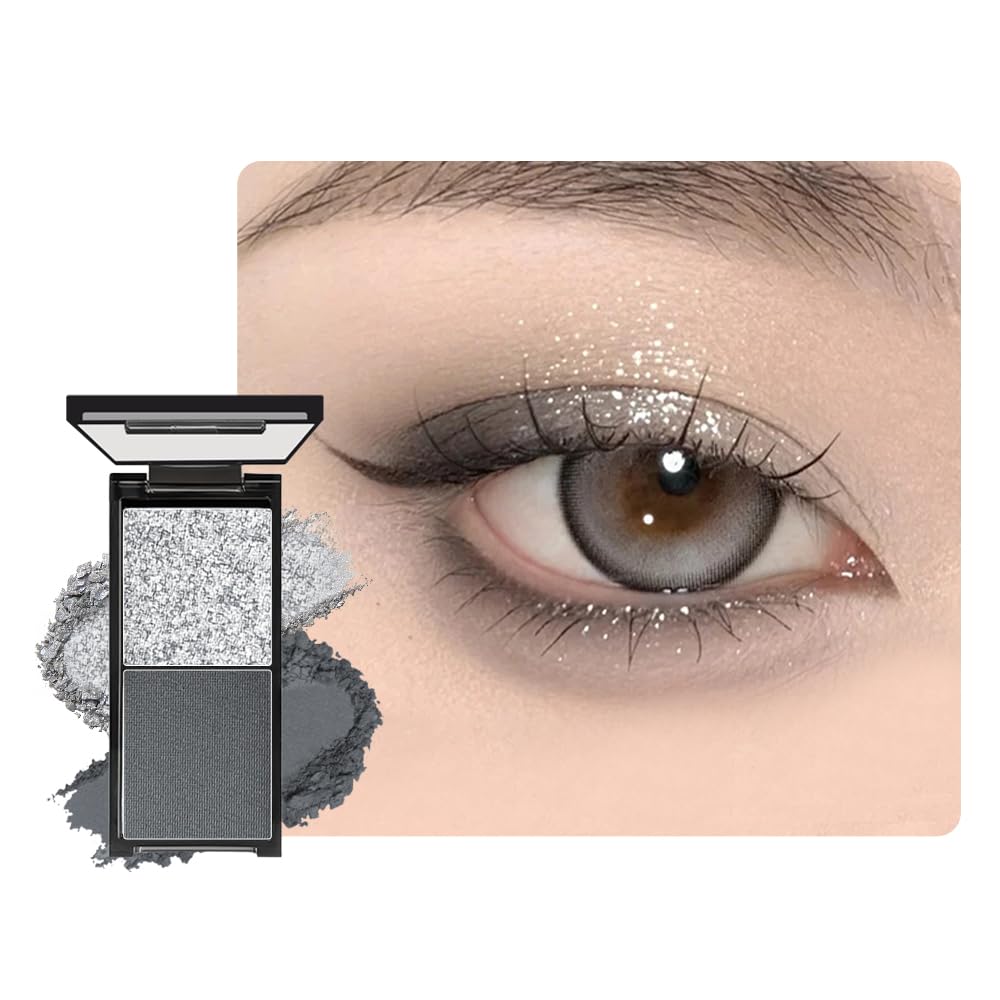 Silver Shimmer & Charcoal Black Matte Eyeshadow Palette, 2 Color Smokey Eye Shadow Smooth Blendable Long Lasting Cool Tone Mini Travel Eyeshadow Palette for Glam Party Looks 1#