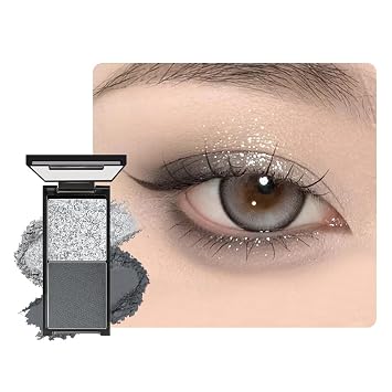 Silver Shimmer & Charcoal Black Matte Eyeshadow Palette, 2 Color Smokey Eye Shadow Smooth Blendable Long Lasting Cool Tone Mini Travel Eyeshadow Palette for Glam Party Looks 1#