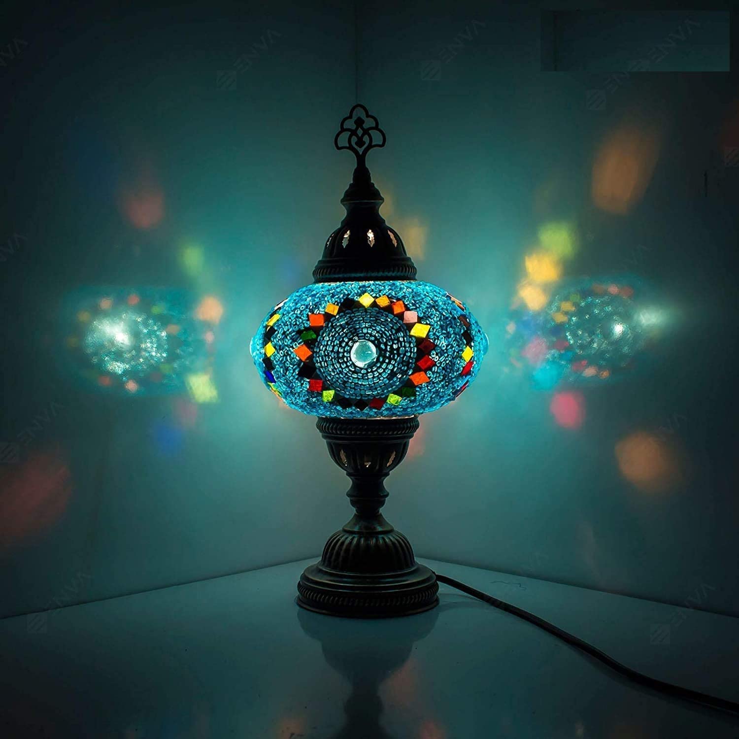 ENVA Turkish Moroccan Style Mosaic Multicoloured Desk Table Lamp, Bronze Base, Unique Light Large Globe (3006)