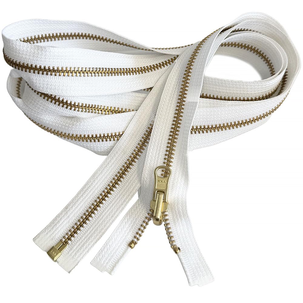 #5 Brass Metal YKK Medium Weight Inside/Outside Reversible Slide Jacket Zipper Separating (1 Zipper) - Tape Color: White #501W - Choose Length 5" to