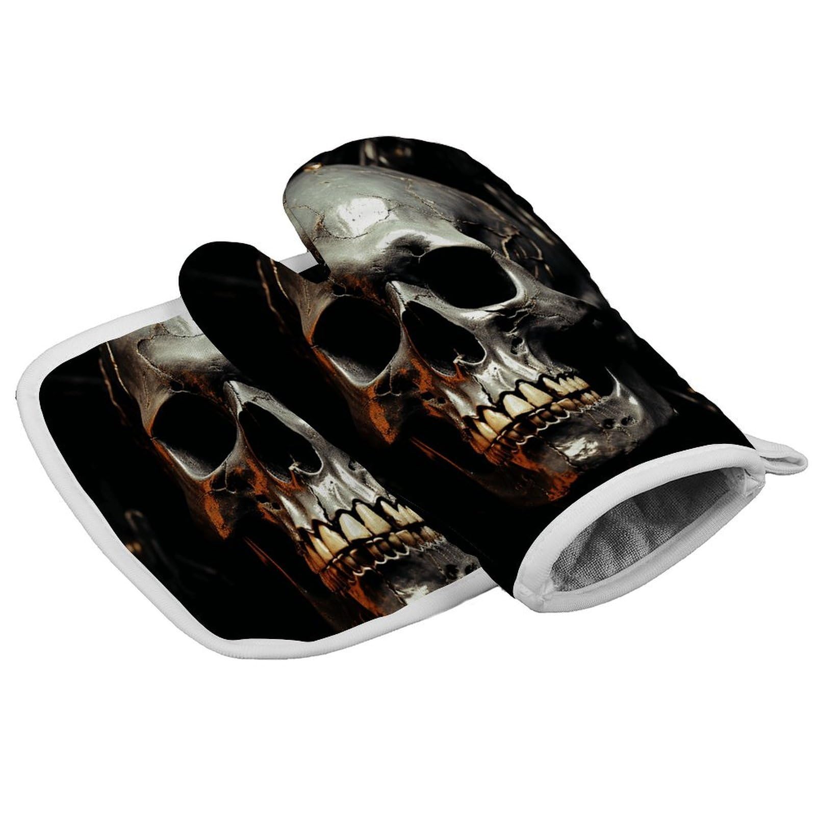 Fodpand Style Eerie Scary Skull Oven Mitts And Pot Holders Sets, Cooking Gloves And Hot Pads Heat Resistant Washable, Kitchen Oven Glove For Oven Cooking Baking Grilling