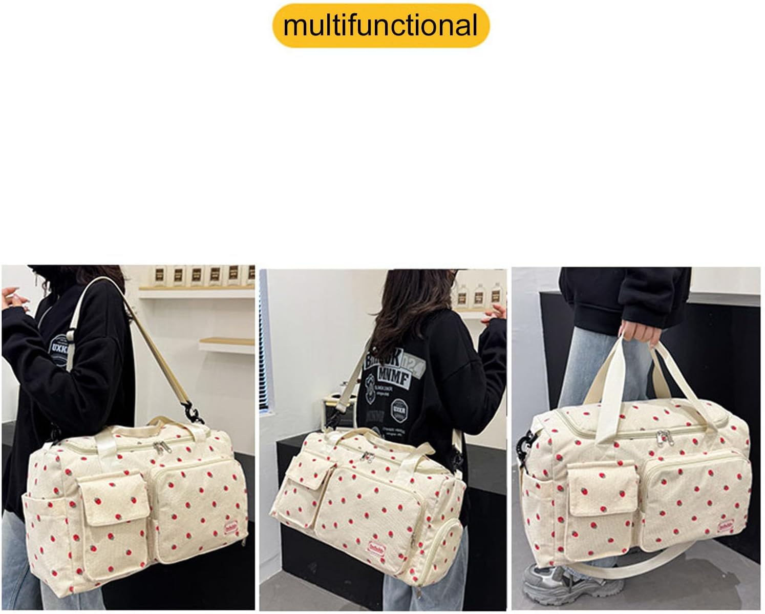 Strawberry Duffle Bag Girls Kids Corduroy Cute Gym Bag with Shoes Compartment & Wet Pocket Kids Sports Overnight Travel Weekend Bag (brown) - Image 8