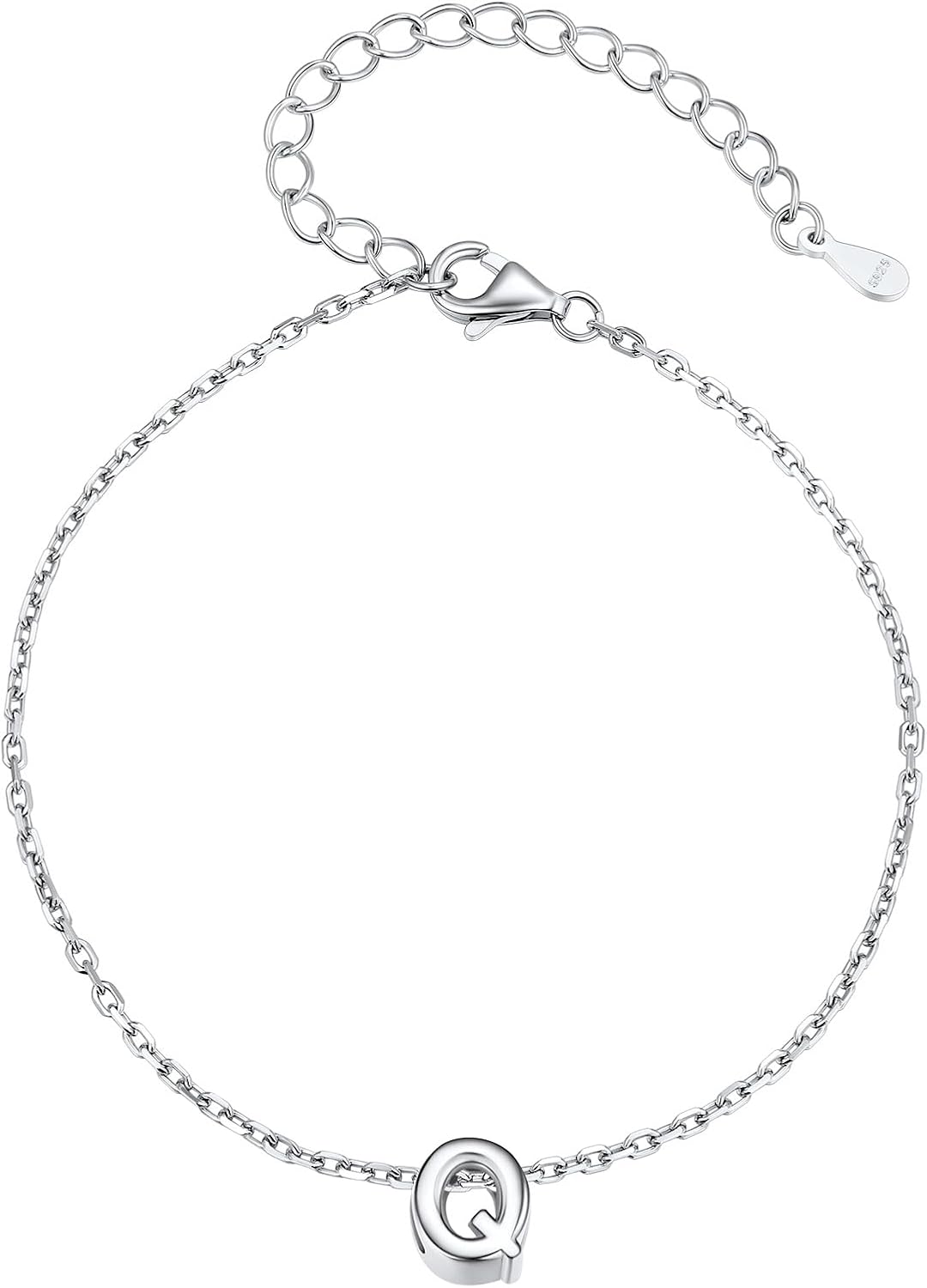 Silvora S925 Sterling Silver Initial Letter Bracelet - A to Z, 6.3" + 2" Adjustable Personalized 26 Alphabet Jewelry Initial Bracelet for Women