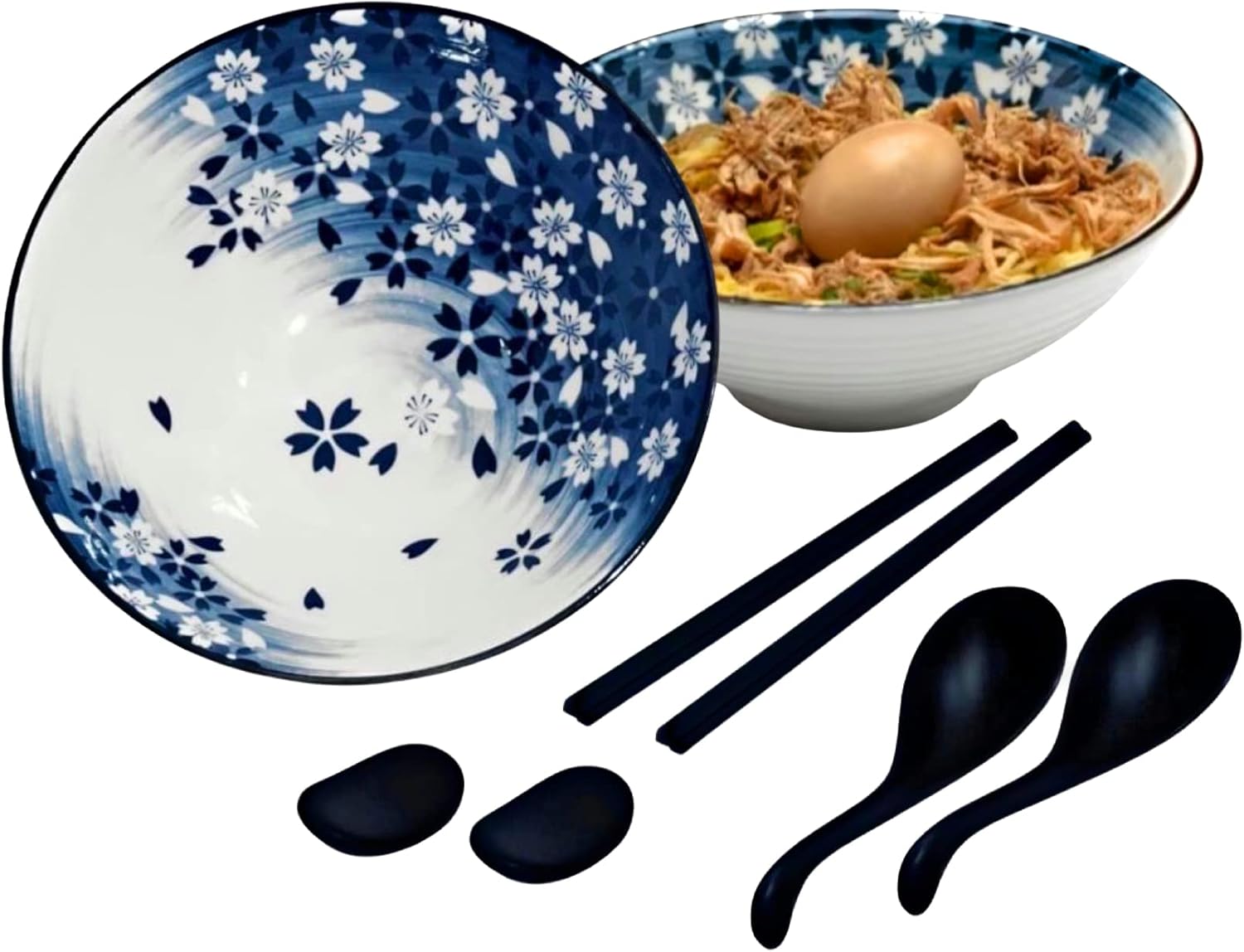 Ceramic Ramen Bowl Set - 8 Piece- Large White 40 oz Japanese Ramen Bowls, Spoons, Chopsticks and Chopstick Stands For Udon Noodles, Miso Soup, Cereal, Pasta, Pho and Salad Serving Set of 2 Blue