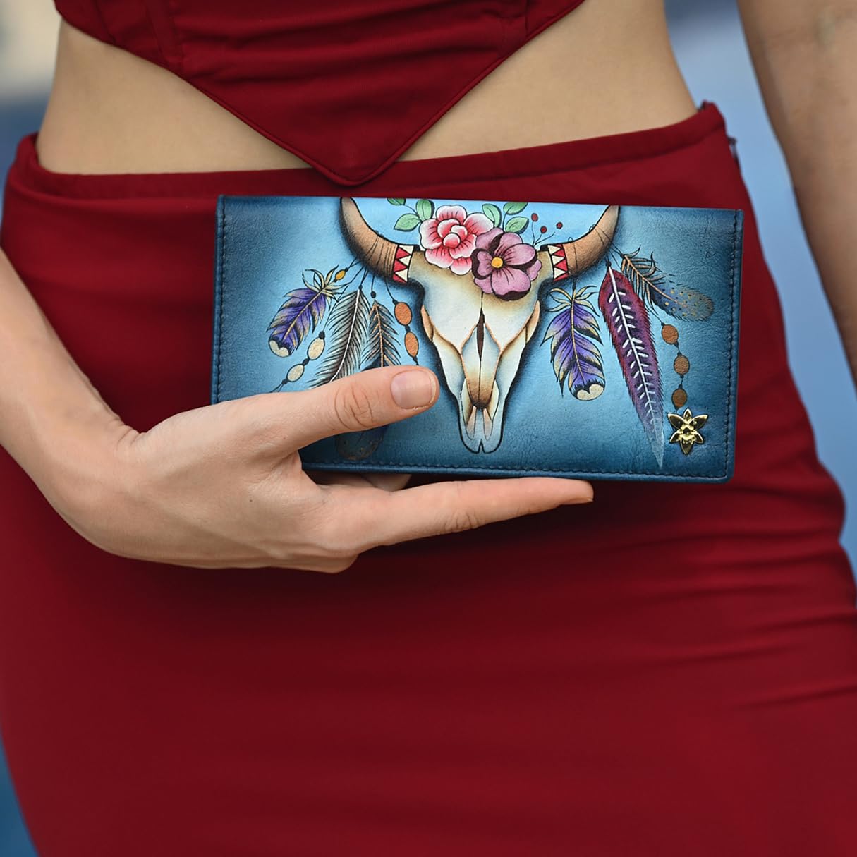 Anuschka Pochette da donna in vera pelle dipinta a mano con blocco RFID