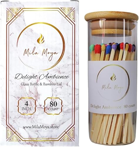 Mila Moya Decorative Wooden Matches 4in/10cm | 80 Count | Long Matches for Candles & Fireplace | Matchsticks with Strick Pad | Artisan Safety Matches
