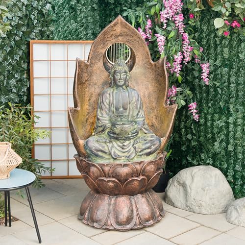 Image of Alpine Corporation 59 inch Tall Outdoor Buddha Fountain with LED Lights, Elegant Water Feature for Garden, Patio, Yard & Outdoor Spaces, Realistic Stone Look, Calming Waterfall for Relaxation, Brown