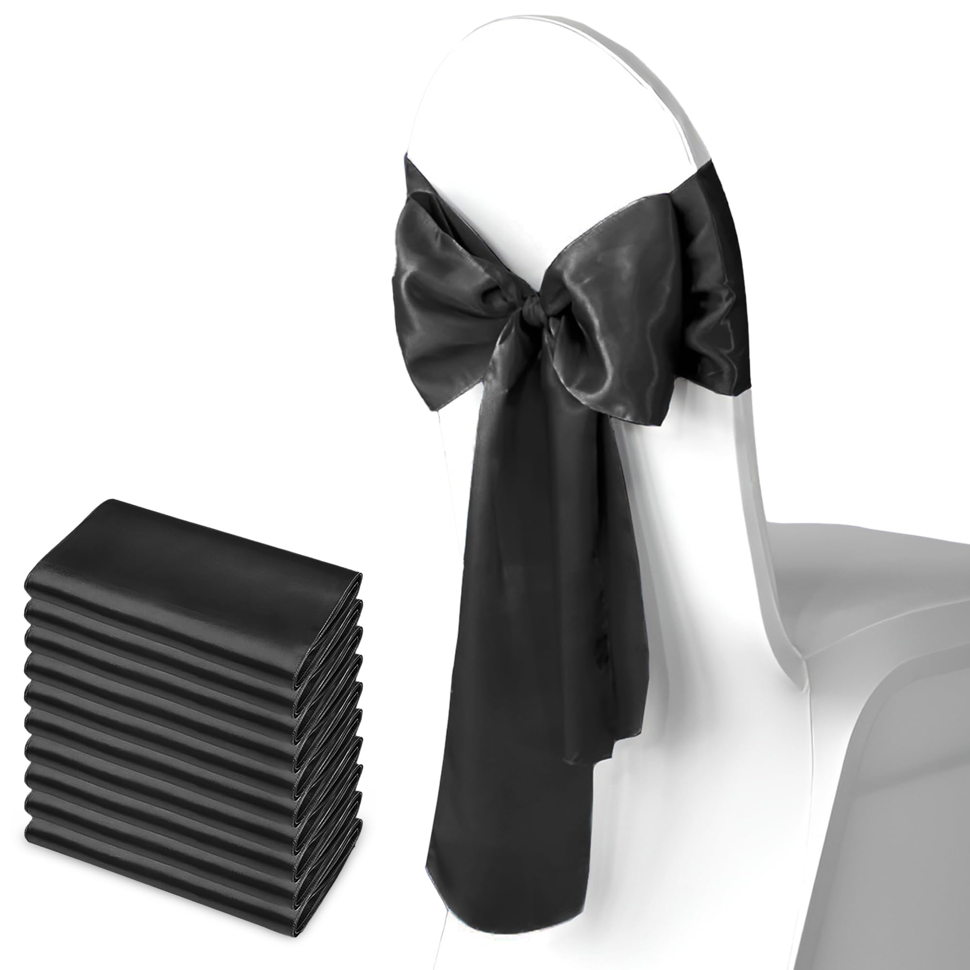 Trimming Shop Black Satin Chair Sash Wider Fuller Bows Chair Sashes Hammed Edges Bow Back Tie for Wedding Birthday Party Banquet Event Decoration, 10pcs — image 1
