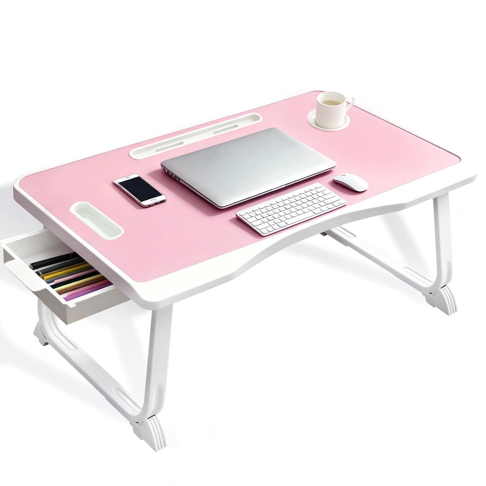Laptop Bed Desk, Bed Table with Foldable Legs, Cup Slot, Drawer, for Laptop, Reading, Writing, Eating & Watching Movies on Bed, Sofa, or Floor, Office and Home (Pink)