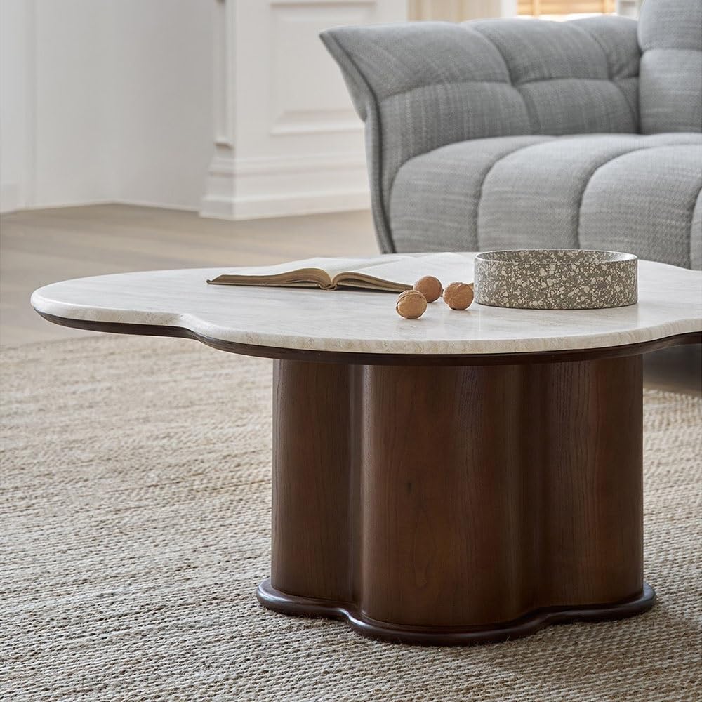 Table Basse Table Basse en Bois incurvée, Design Moderne Neutre, Pieds cylindriques, pièce maîtresse de Salon(Bruin,Moyen)