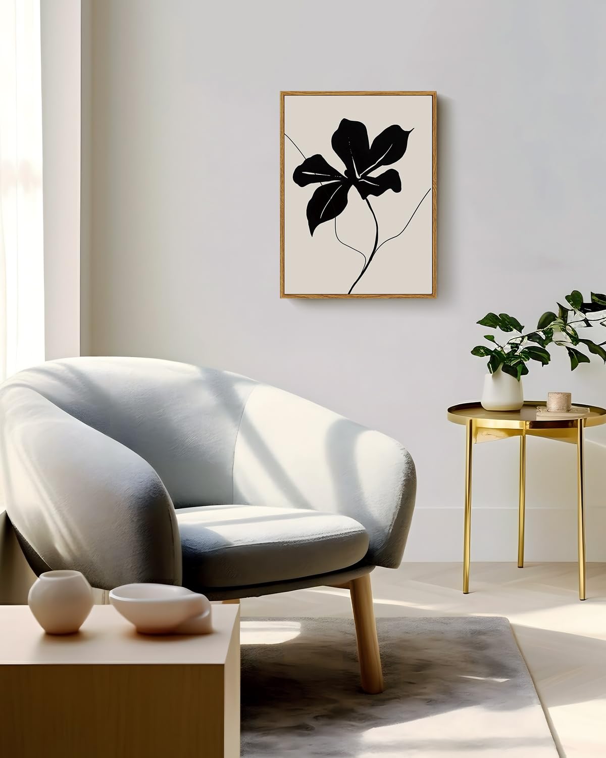 ARPEOTCY Framed Canvas Wall Art Prints, Vintage Black Abstract Minimalist Flower Art Home Shelf Decor Aesthetic, Rustic Mid Century Oil Paintings for Bedroom Bathroom Decor, 30x40cm — view 2