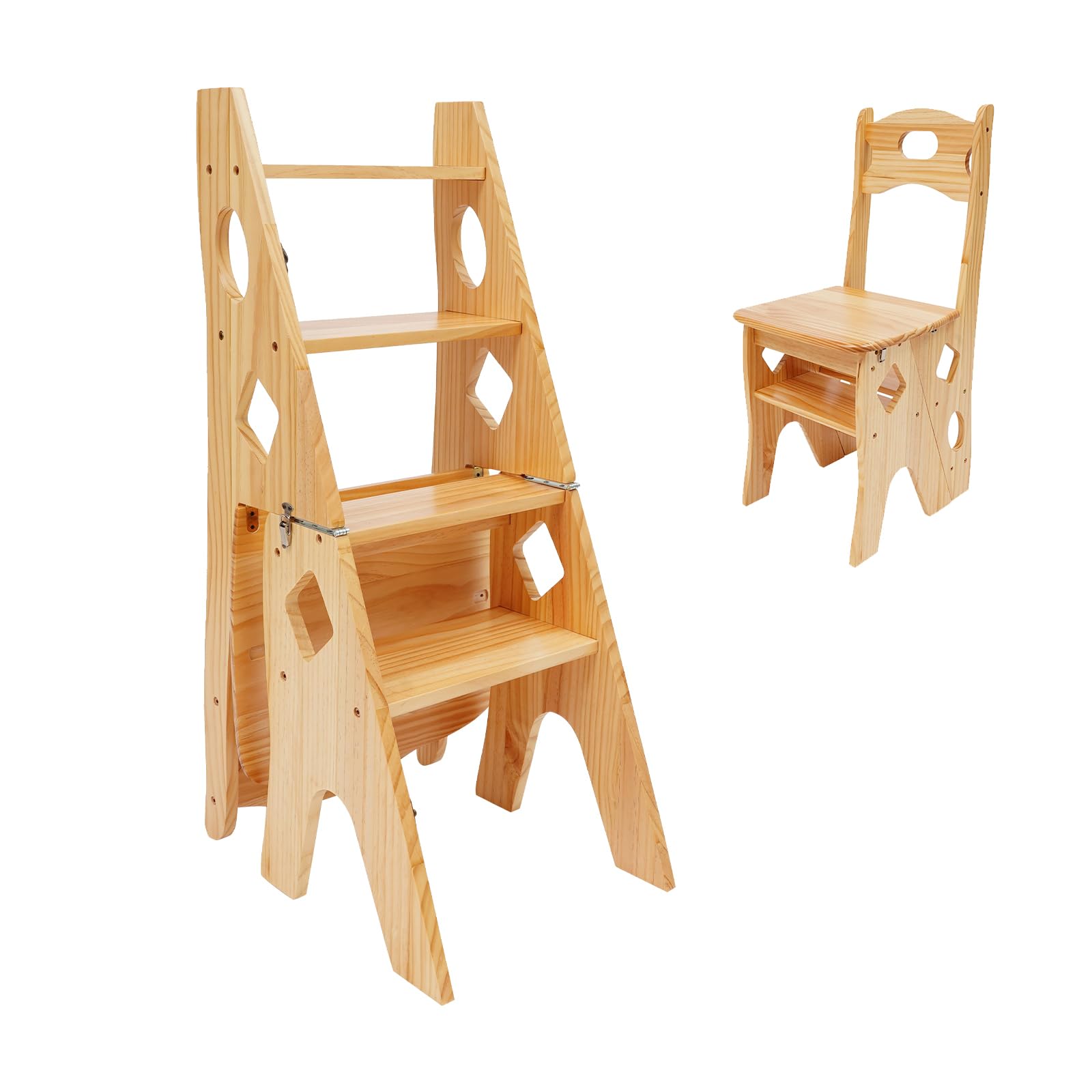 Taburete plegable con escalera, escalera 2 en 1 de madera maciza (pino), 4 peldaños y 100 kg de carga para cocina, salón y jardín, plegable y ahorra espacio (color madera)