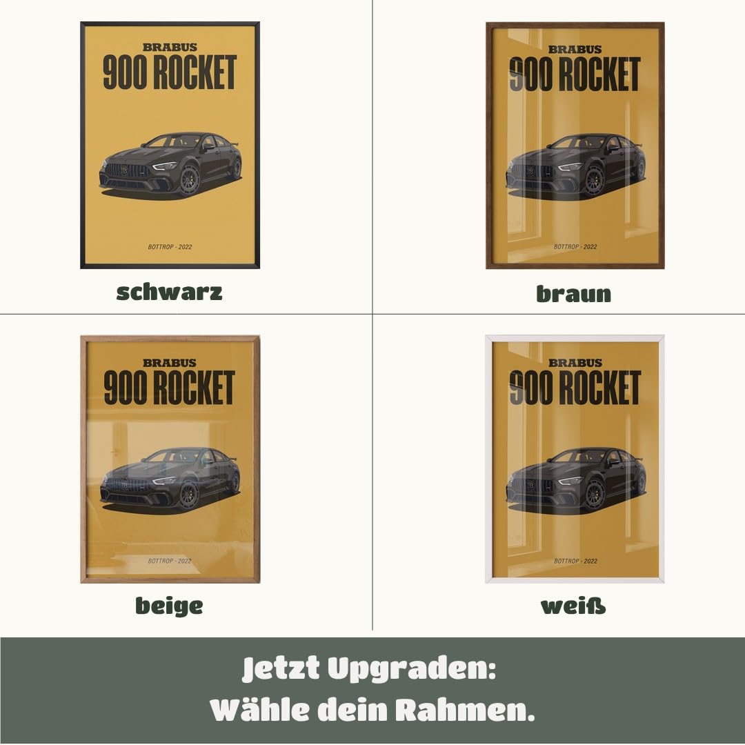 MJ-GRAPHICS® Poster Brabus Kunstdruck Auto 900 Rocket Wandbild sportlich Bilder dunkelgelb Schwarz Deko Büro modern A2 mit braunem Rahmen