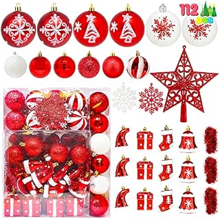 Joiedomi 112 Pcs Christmas Assorted Ornaments with a Star Tree Topper, Shatterproof Christmas Ornaments for Holidays, Party Decoration, Tree Ornaments, and Events (Red&White)