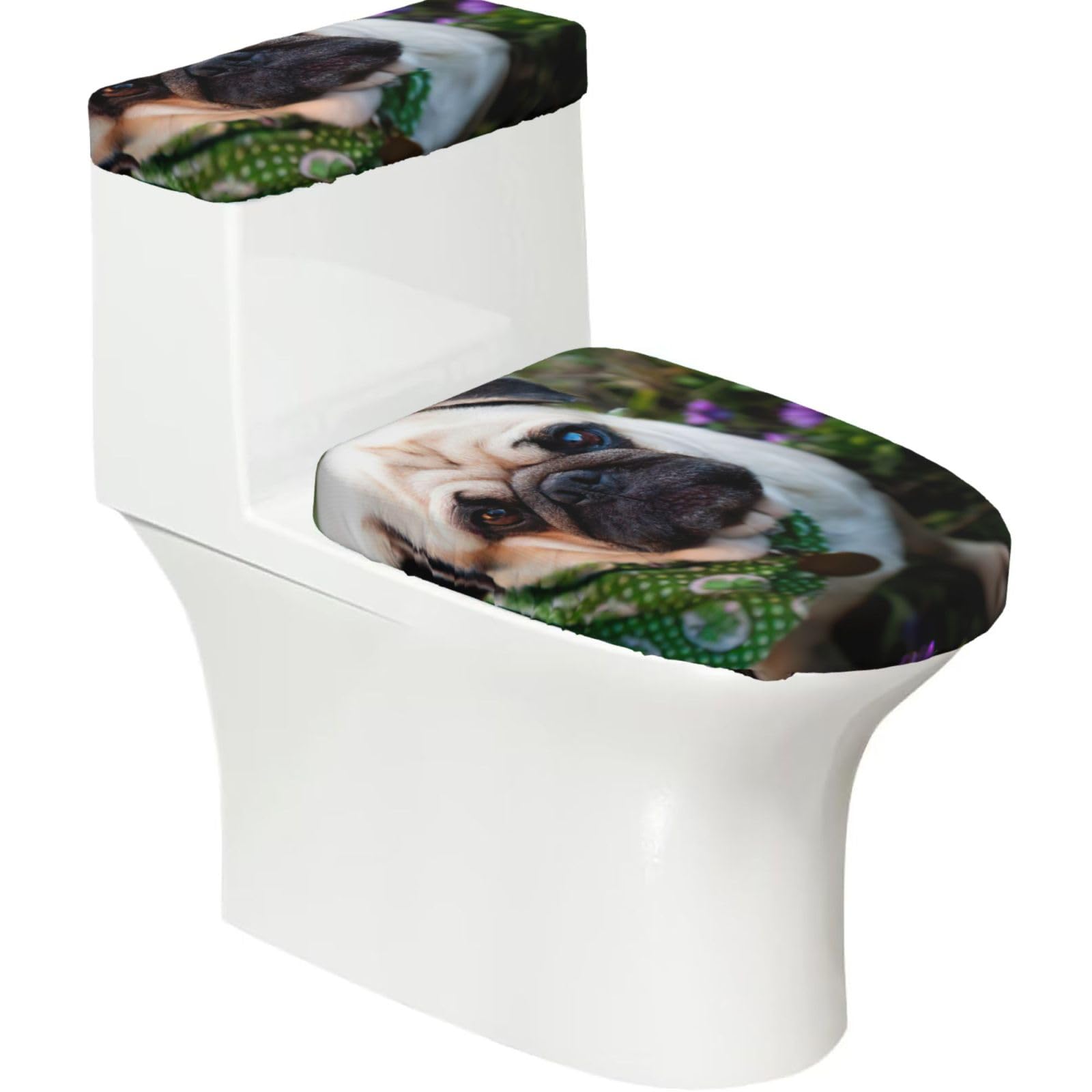 Pugs In The Garden Print Bathroom Decor Toilet Lid Cover And Tank Covers, Restroom Accessories Fits Most Round