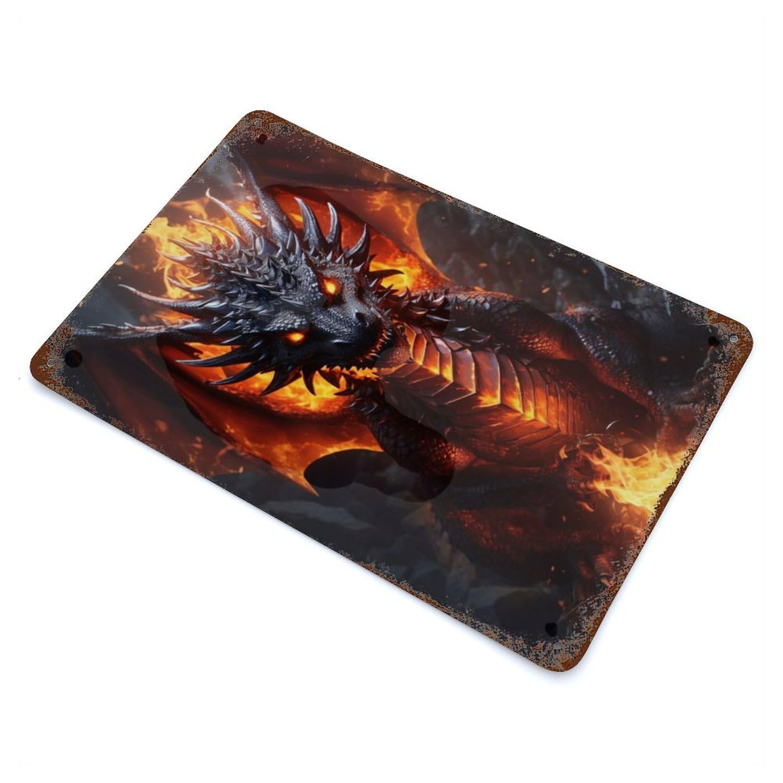 Rust Effect Tin Sign Epic Fire Dragon 11.8"x7.9", Vintage Wall Decor for Basement, Hobby Room And Garage Decor