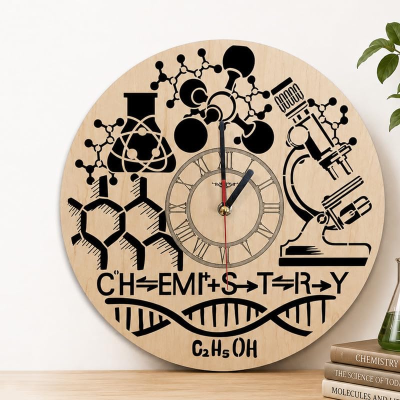 Chemistry Wooden Wall Clock for Study Room & Laboratory Decor | Science Theme Wooden Clock with Molecules, DNA & Microscope Design | Gift for Chemistry Teacher, Student, Scientist & Science Lovers-image-5